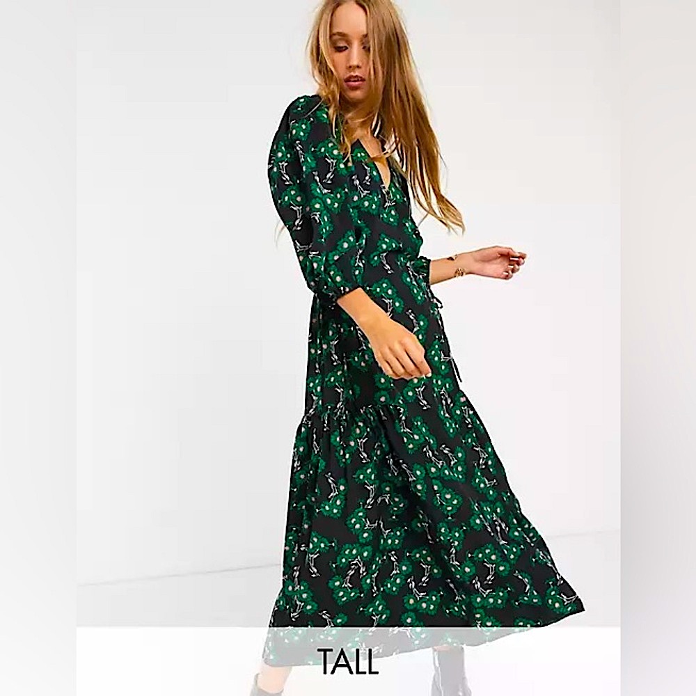 TOPSHOP  Wrap front midi dress in green floral